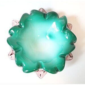 Murano Cased Glass Bowl Green White Ashtray Mid Century Art Glass